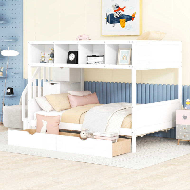 Lit simple superposé au dessus d'un lit double avec tablettes, escalier de rangement et 2 tiroirs, blanc, Blanc