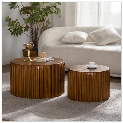 Set of 2 Fluted Round Coffee Tables - Solid Wood and MDF, Mid-Century Modern Nesting Center Tables for Living Rooms and Apartments