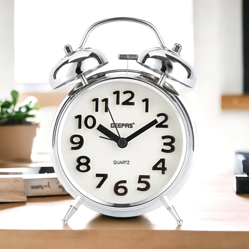 Analog Chrome Quartz Alarm Tabletop Clock, White
