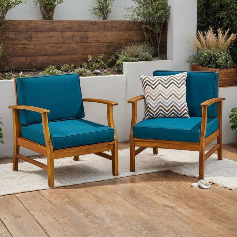 Ensemble de 2 fauteuils club d'extérieur en bois d'acacia avec coussins résistants à l'eau, dossier à lattes, Bleu