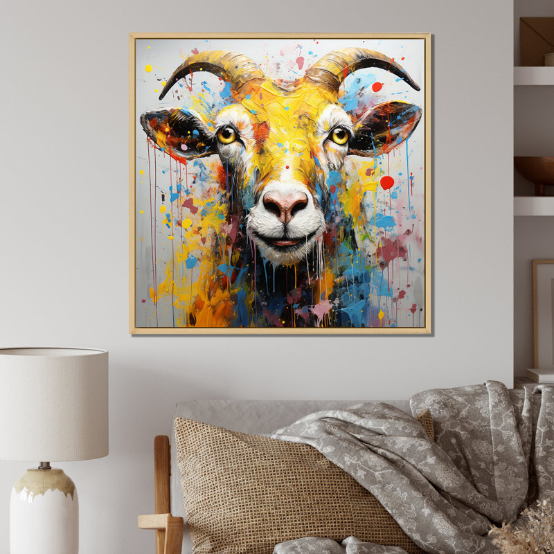 Jaune jaune, art de chèvre, art mural, Cadre flottant brun, H 30 po x l 30 po x P 1,5 po