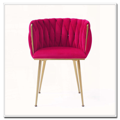 Set of 2 Velvet Dining Chairs with Woven Backrest, Golden Metal Legs, and Ergonomic Seating