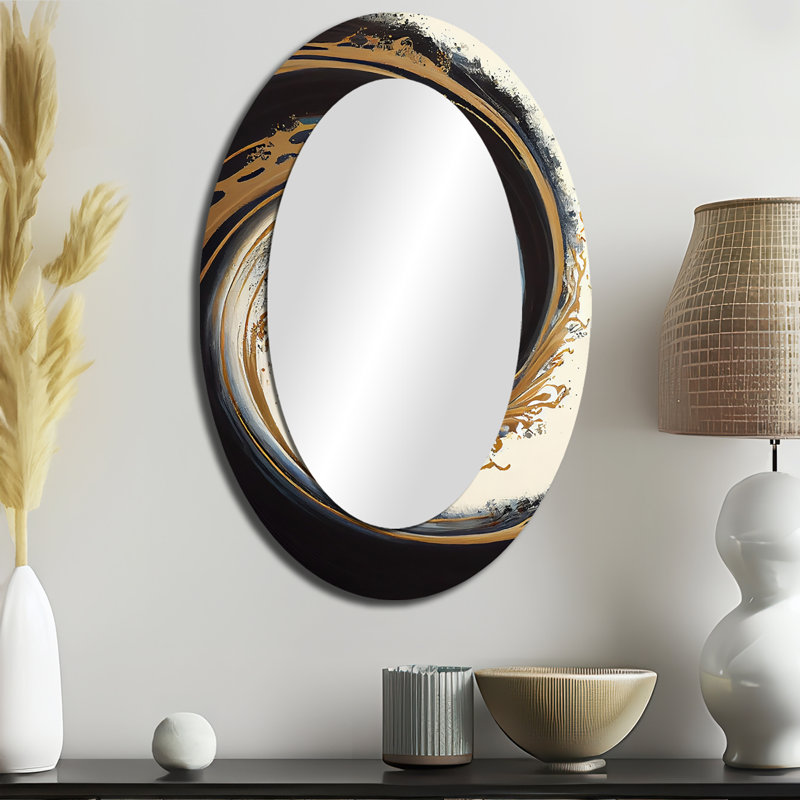 Persijs, cercle noir et or V - grand miroir à spirales abstraites, décor de miroir mural unique et moderne, impression d'art en métal