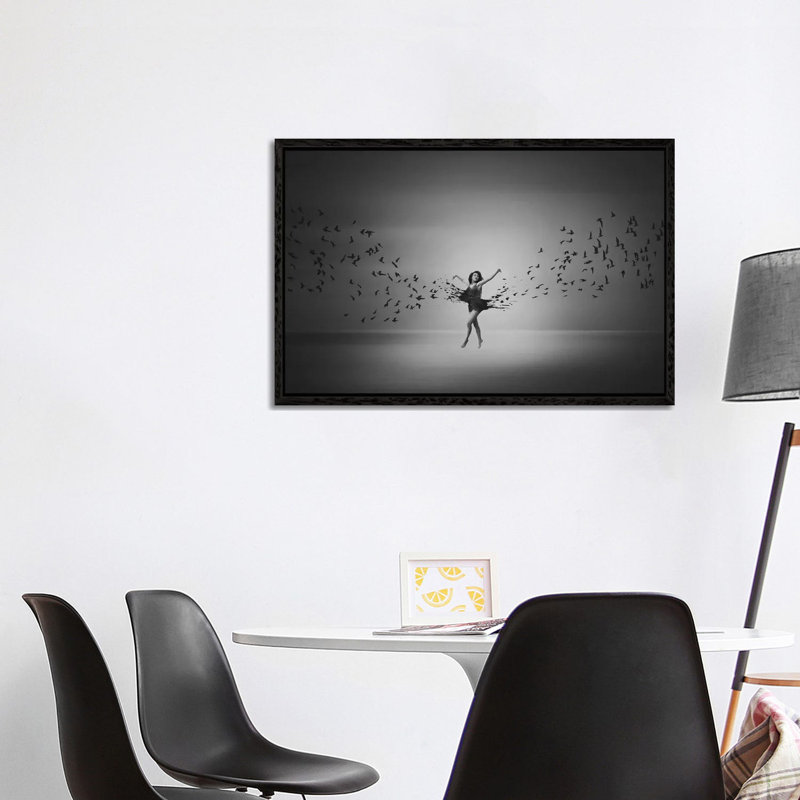Ballerina Flight Of Birds by Mark Biwit - Print on Canvas, Black Floater Framed, 66.04cm H x 101.6cm W x 3.81cm D