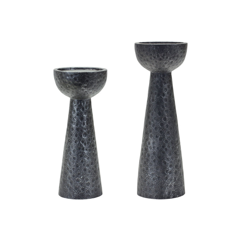 Set of Two Black Hammered Polyresin Tabletop Pillar Candle Holders