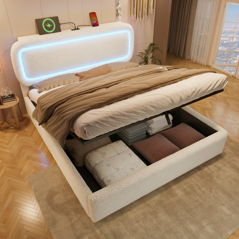 Boucle Ottoman Hydraulic Storage Bed with Smart RGB LED Light & Charging Station, USB and Type - C Ports, Double (4'6)