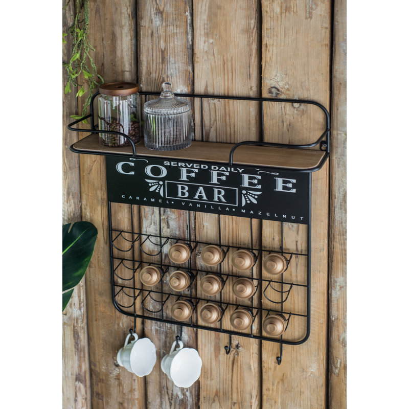 Black Floating Coffee Bar Shelf with Coffee Pod Holder, Hooks and Storage Shelf