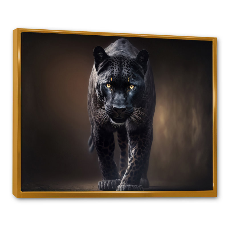«Black Majestic Panther II» - art mural panthère, H 30 po x l 40 po, Toile avec cadre flottant, Doré