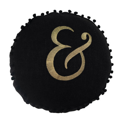 Embroidered Pillow With Pom Pom Trim "&" Design In Gold Script