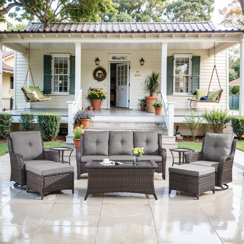 Bonia 8 Piece Wicker Rattan Sofa Seating Group with Cushions, Brown, Gray