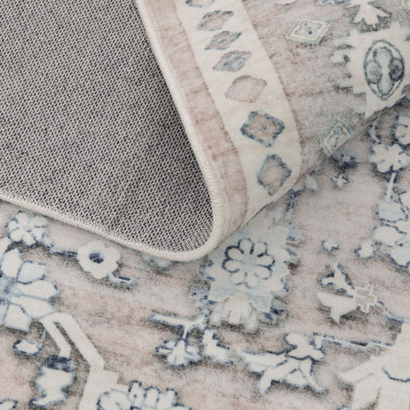 Kaysyn Oriental Floral Design Performance Machine Washable and Foldable Area Rug Ivory/Blue, Rectangle 5' x 7'