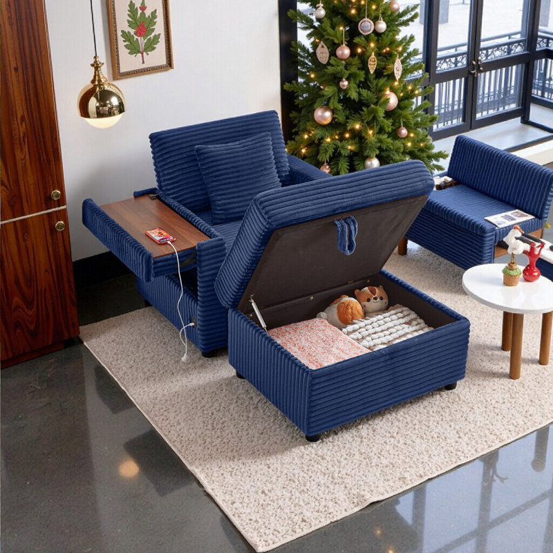 Canapé de rangement moelleux en velours côtelé avec repose-pieds et table, siège supplémentaire pour le salon, Bleu