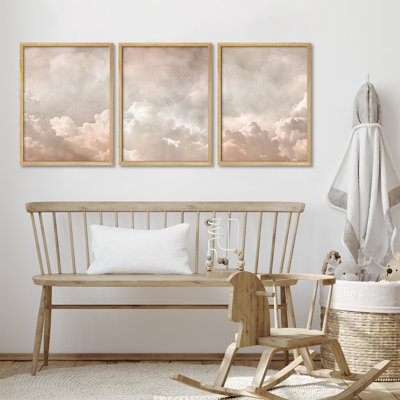 3 Piece Framed Cloud Wall Art Set - Warm Beige Misty Sky Prints for Bedroom, Entryway or Relaxation Space