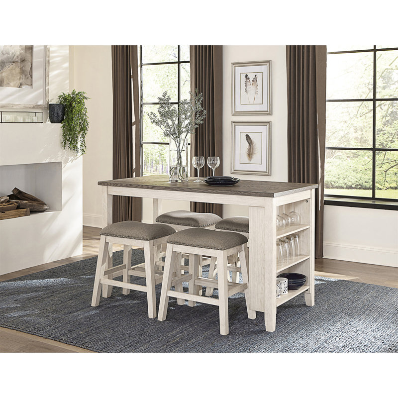 Ensemble repas 5 pièces à hauteur de comptoir avec table multifonctionnelle et 4 tabourets, revêtement en chenille et garniture cloutée