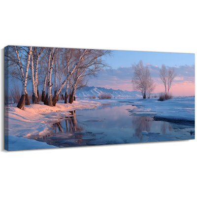  Art de Noël sur toile de bouleau de Noël d'hiver, peinture sur toile paysage de rivière enneigée, images de scène de nature hivernale tranquille pour le salon, la chambre à coucher, l'œuvre suspendue des Fêtes, 