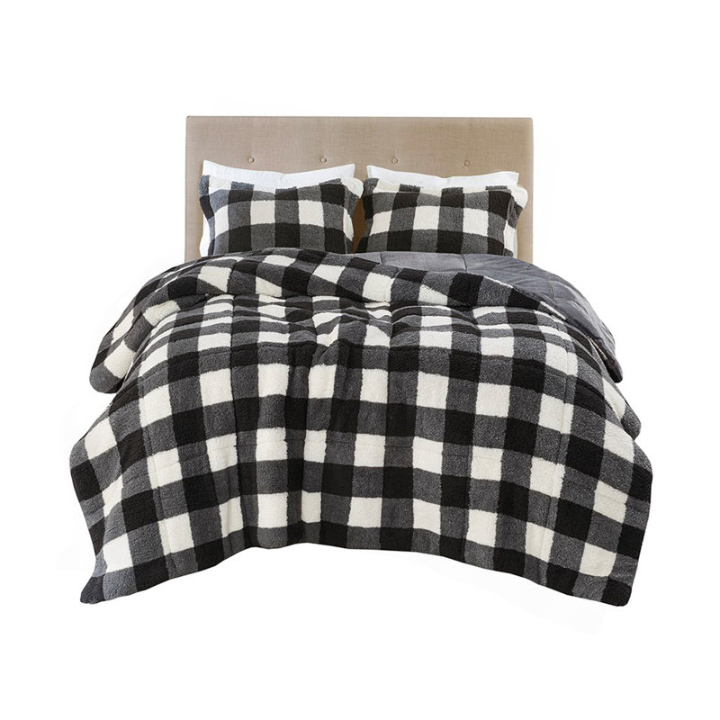 King Print Sherpa Down Alternative Comforter Set, King + 2 Additional Pieces, Black/White Plaid