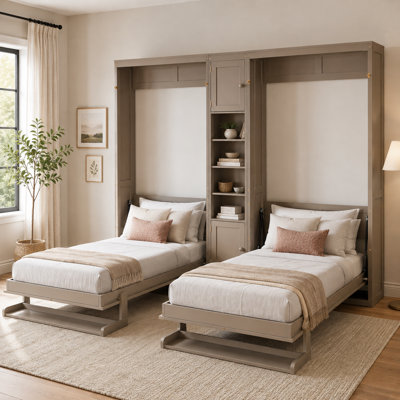 Twinovelle Dual Twin Murphy Wall Bed System in Antique Gray, Two Fold-Down Beds with Convertible Shelf Support Legs, Central Storage Unit with Two Tall Cabinets and Four Open Shelves