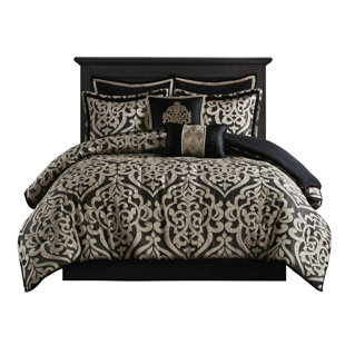 King 8 Piece Comforter , Reversible Design, Decorative Details Soft Black, Solid Back, Machine Washable