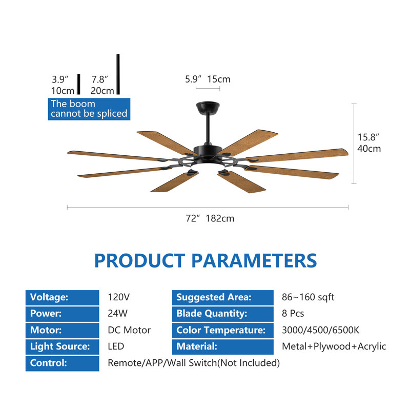 Grand ventilateur de plafond 72 pouces avec lumière DEL, ventilateur de plafond moderne à 8 pales à courant continu pour l'intérieur du salon, la cuisine, la terrasse, noir
