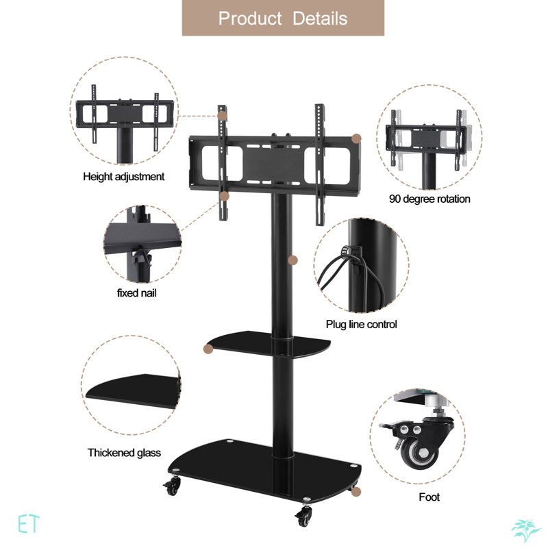 Height And Angle Adjustable Multi-Function Tempered Glass Metal Frame Floor With Lockable Wheels Mobile TV Stand, LCD/Plasma TV Bracket  2 Tier Tempered Glass Shelves For Multiple Media Devices
