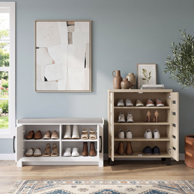 2 Piece Shoe Storage Bench and Shoe Cabinet Hallway Set, Beige/White