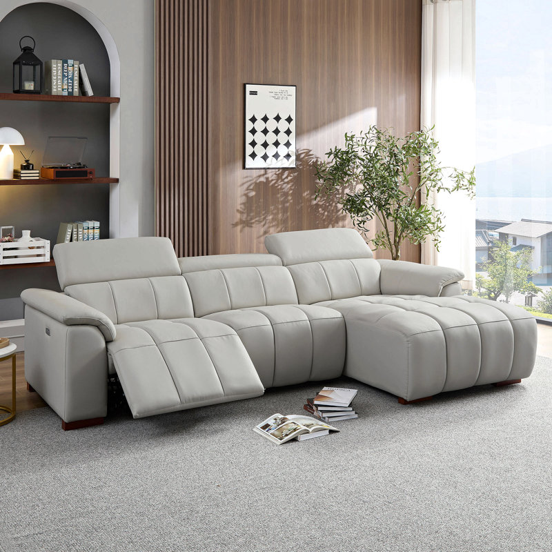 Canapé inclinable Wall-Hugger en cuir véritable à commande électrique moderne en forme de L, siège de salon, sièges de cinéma avec port USB, canapé avec appui-tête et repose-pieds pour salon, appartement, bureau