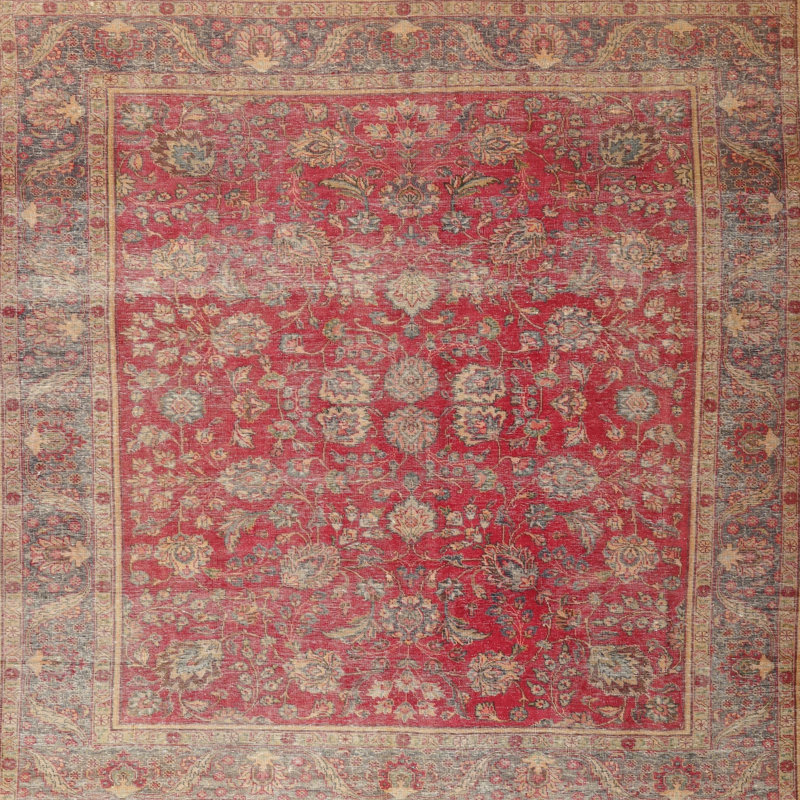 Tapis traditionnel beige / gris / rouge Halfeti, Carré 3 pi