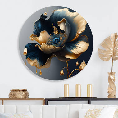 Round canvas painting in blue, gold and black