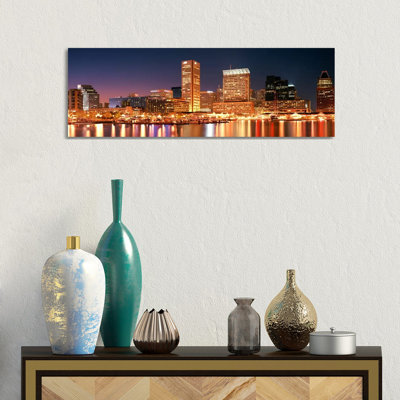 Buildings Lit Up At Dusk, Baltimore, Maryland, USA - Wrapped Canvas Panoramic Print