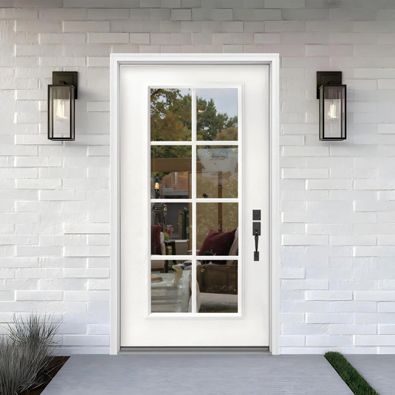 Porte d'entrée extérieure moderne en fibre de verre 8-Lite avec finition blanche texturée acajou, Droite / vers l'intérieur