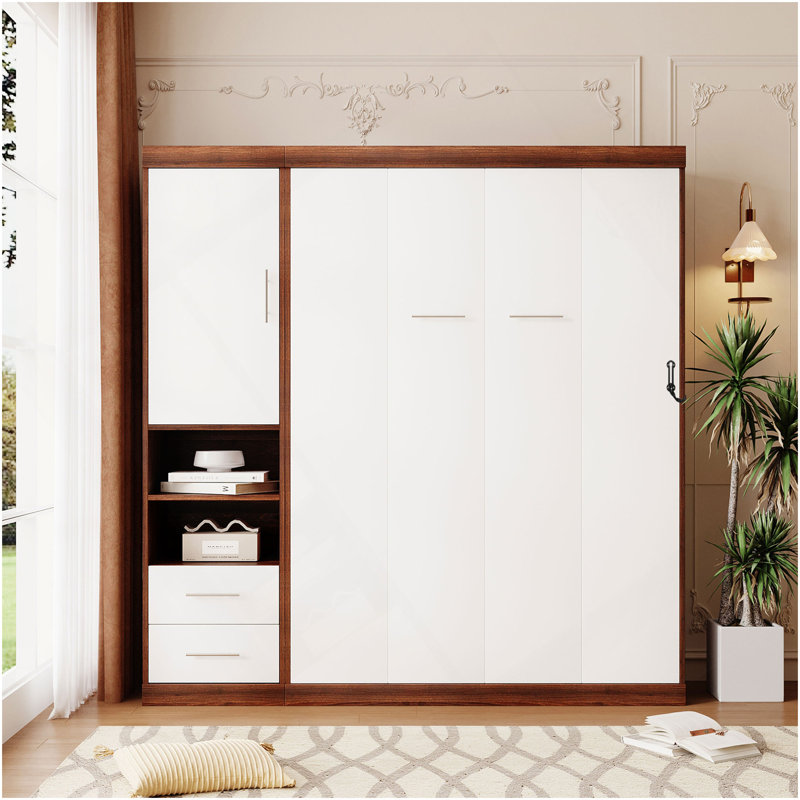 Lit escamotable double pleine grandeur avec armoire, blanc, Lit double