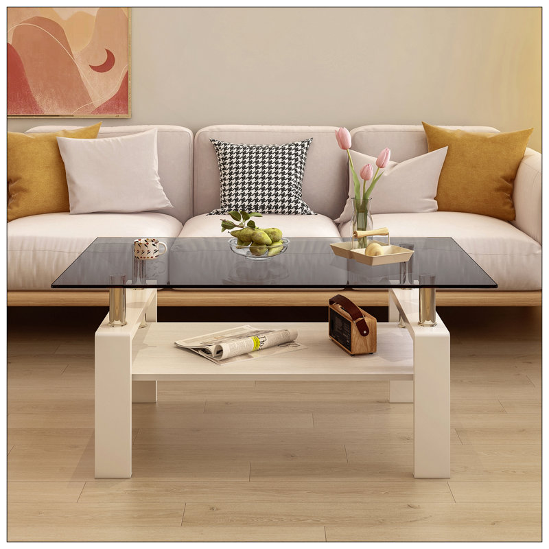 Table basse rectangulaire, plateau en verre trempé avec panneau de fibres à densité moyenne, table moderne pour le salon, verre