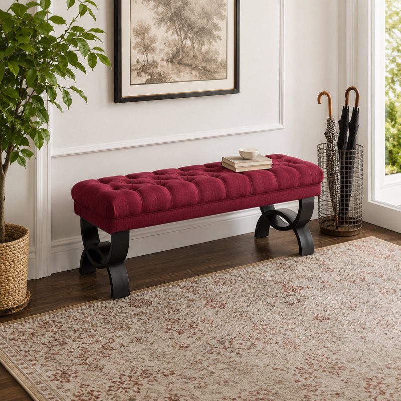 Banc tapissier bourgogne de 41 po de largeur avec pieds sculptés noirs sculptés