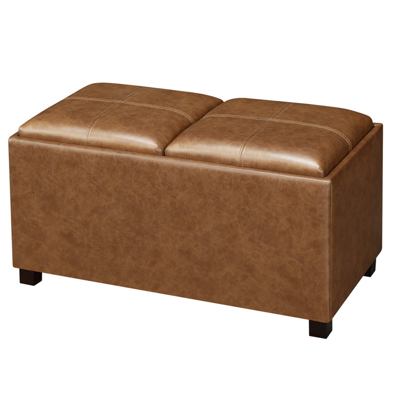 31" Rectangle Faux Leather Storage Ottoman With Flip-top Trays, Brown