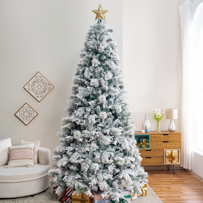 9 ft Snow-Flocked Pre-Lit Rotating Artificial Christmas Tree with Star Projector, 58 Pine Cones, 720 Warm Lights and 1,612 Branch Tips