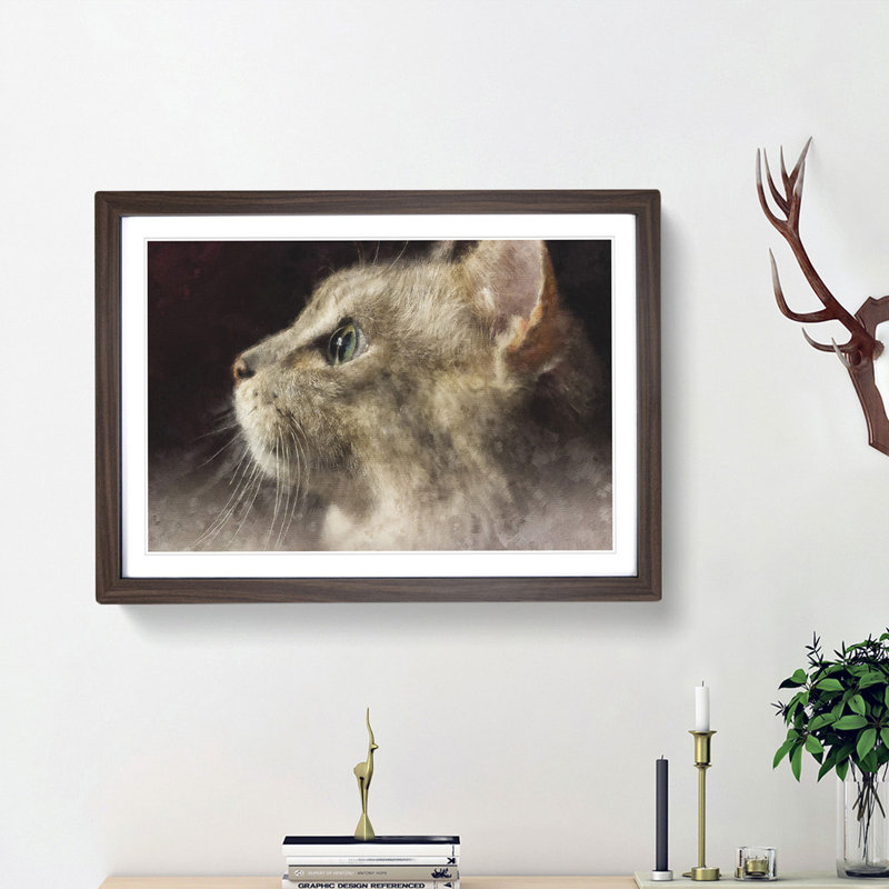 Curious Cat - Picture Frame Graphic Art Print, Walnut Framed, 45cm H x 63cm W x 2cm D