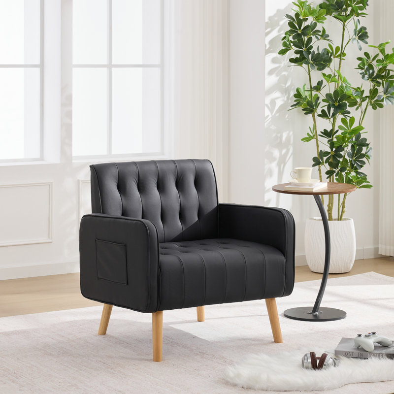 Fauteuil d'appoint capitonné en similicuir avec pieds et poches en bois, Noir