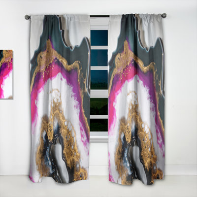 Abstract Curtain Panel, Black Gold Marble Room Darkening Decor - Black Gold And Fuchsia Marble Art
