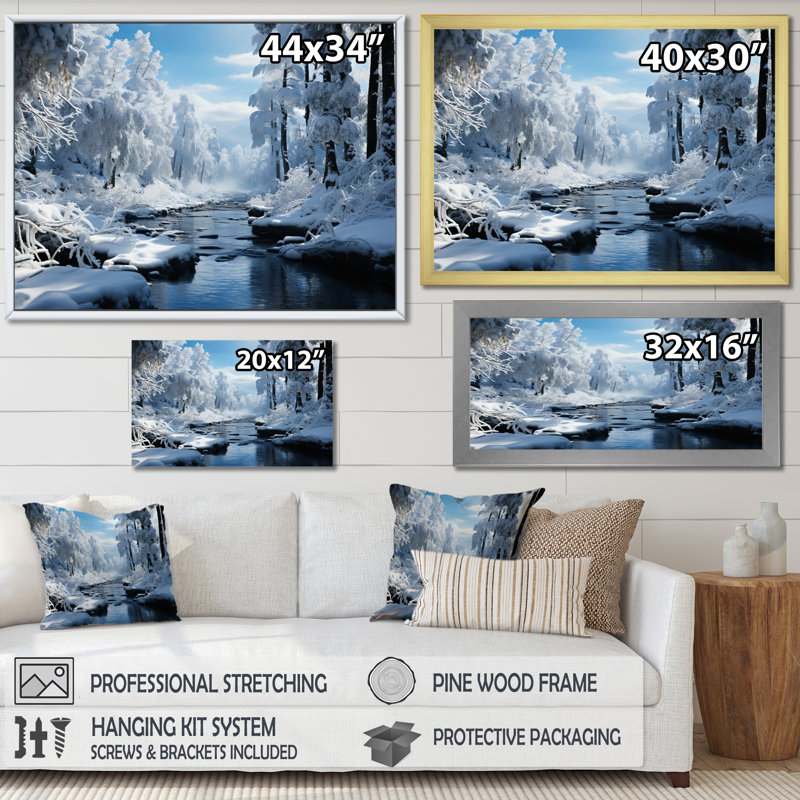 «White Winter Harmony I - Winter Landscape», reproduction d'art sur toile, Cadre naturel flottant