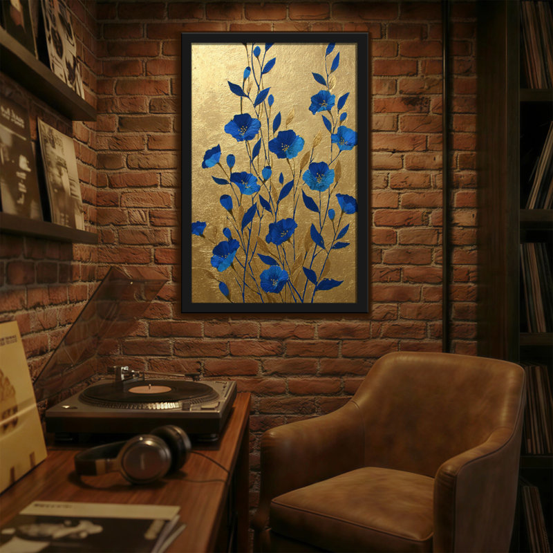 Plants & Flowers Blue Flowers On Gold Background Pattern, 18" H x 12" W