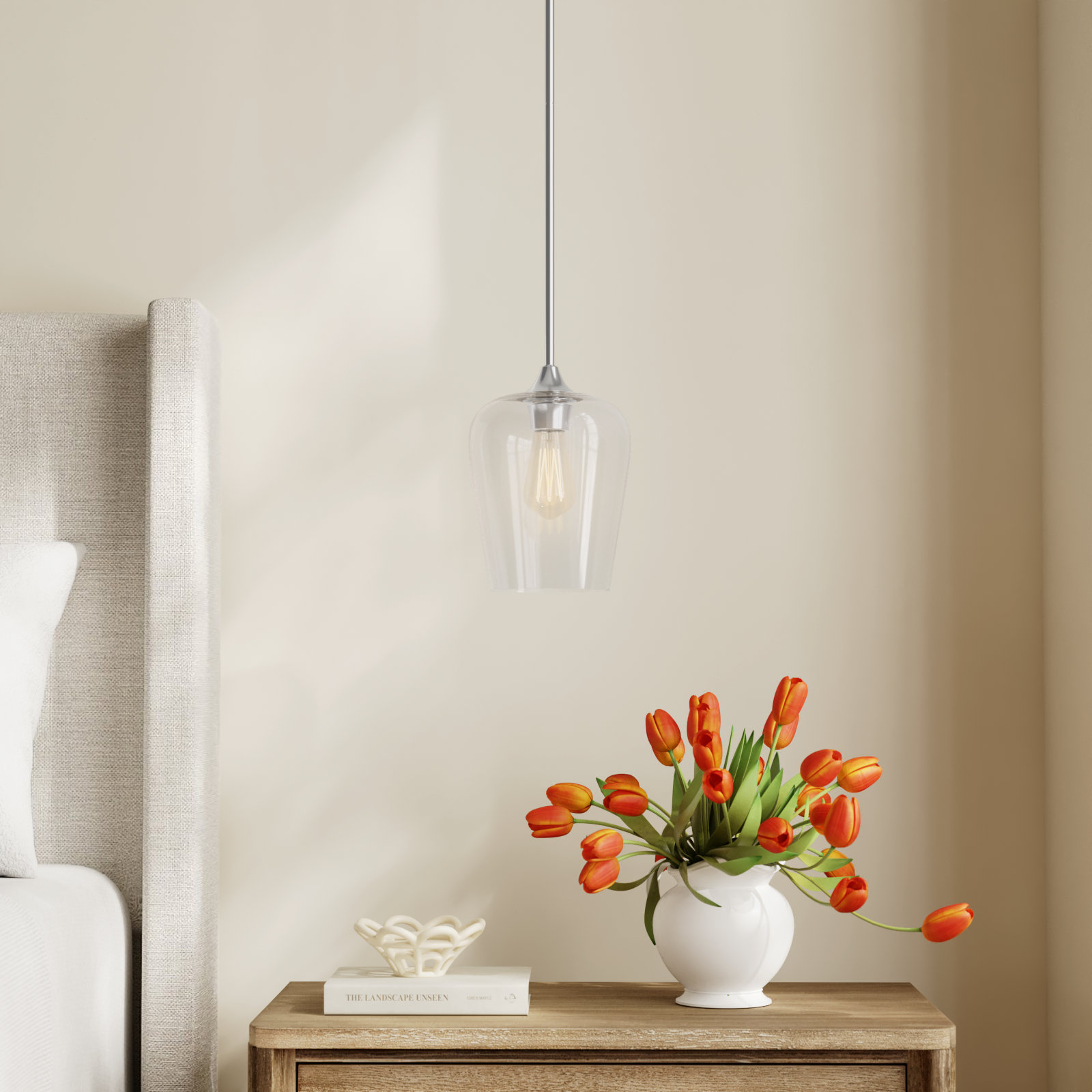 Breena Single Light Glass Steel Dimmable Pendant, Clear, Satin Nickel