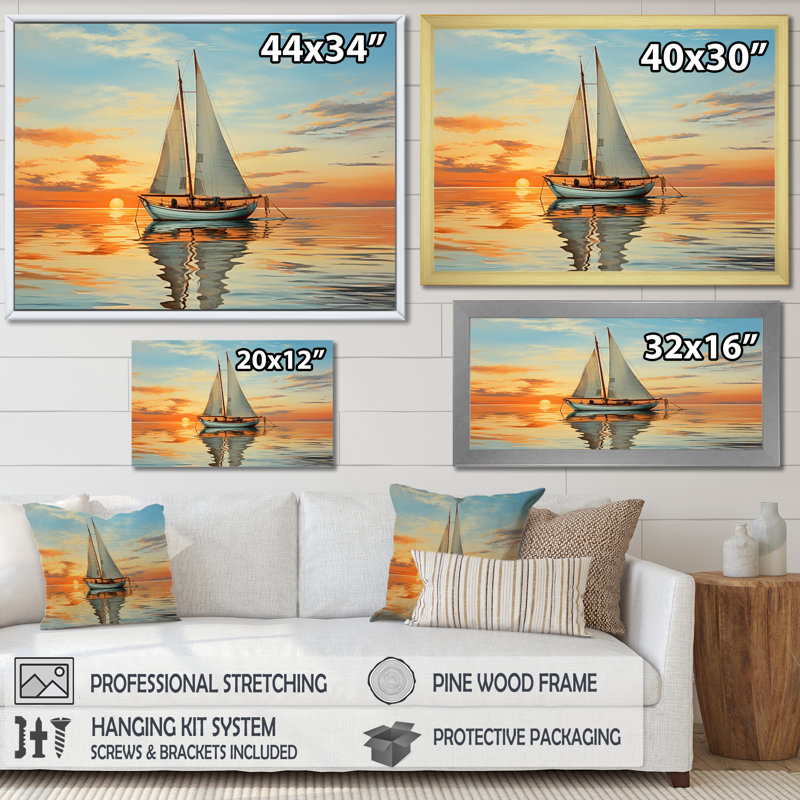 Voilier, réflexion rythmique I sur toile, Cadre flottant doré, H 24 po x l 32 po x P 1 po