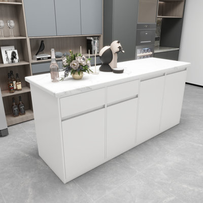 Îlot de cuisine moderne à plateau en marbre avec armoires de rangement et tiroirs