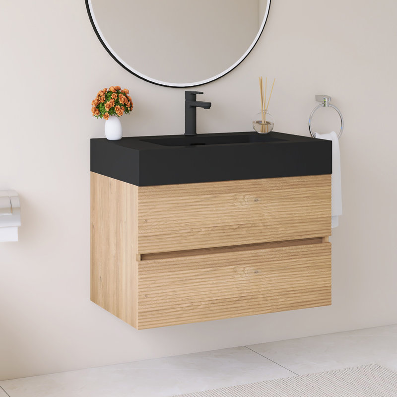 30" Wall-Mounted  Bathroom Vanity With Black Solid Surface Basin, 30"
