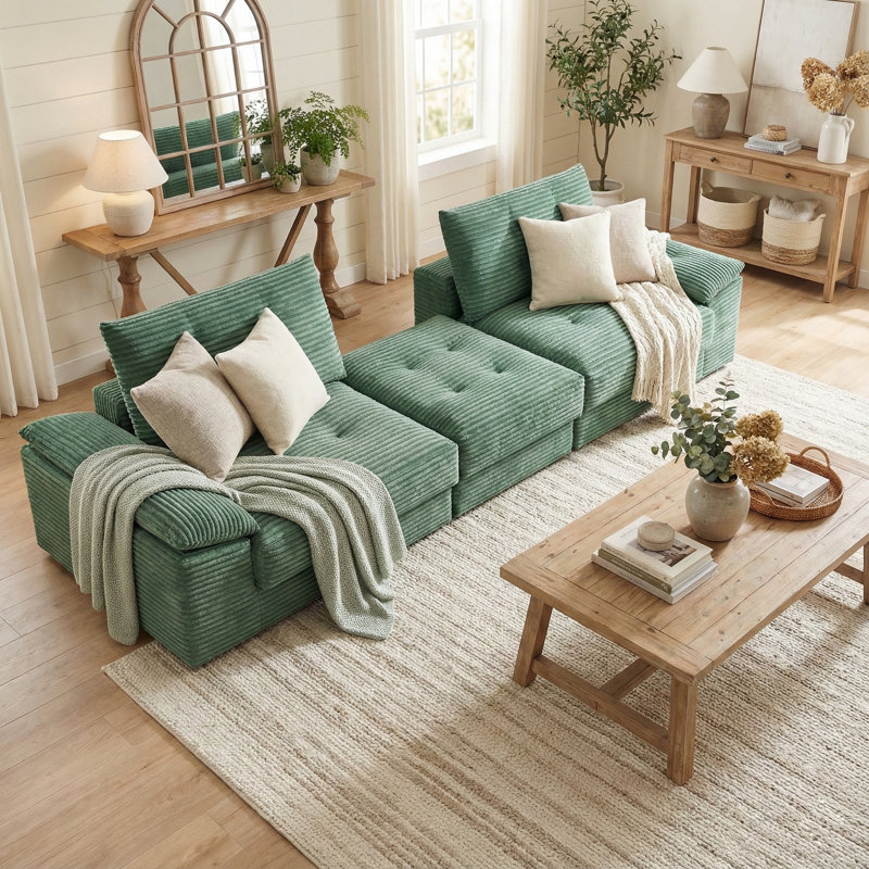 L-Shape Modular Sectional Sofa with Ottoman – Deep Seat Corduroy Sleeper Couch, Cloud-Soft All-Foam Design (No Assembly), Removable Washable Covers