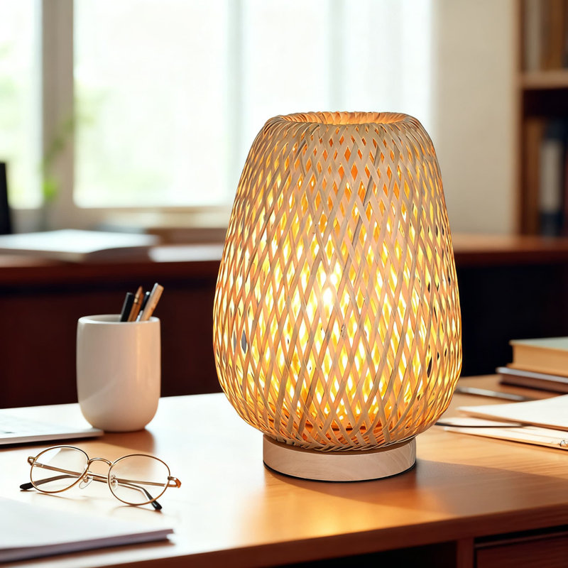 Lampe de table en rotin faite à la main avec motif en bambou tissé, table de chevet rétro Boho pour le salon, la chambre à coucher et le bureau