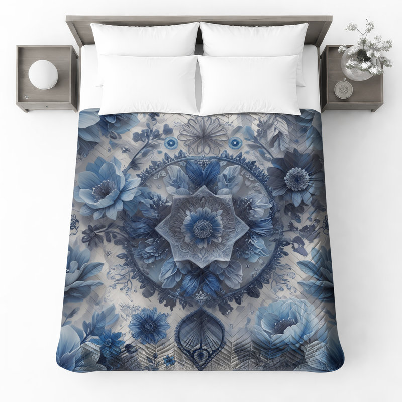 Couvre-lit bleu à motif floral, Double