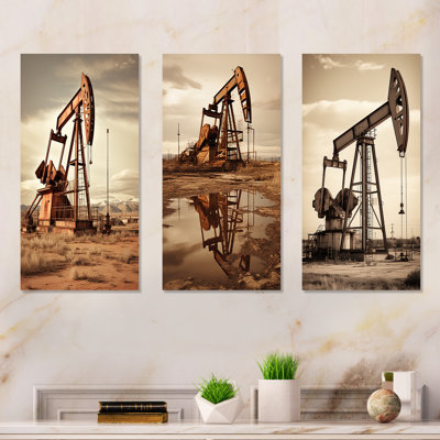 Modern Sepia Drilling Rig Field - Oil Rigs / Fields Canvas Prints Set Of 3