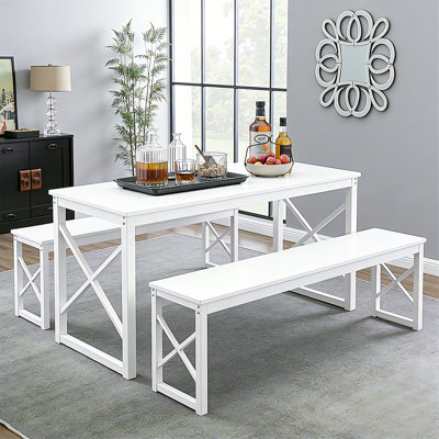 White 3-Piece Dining Table Set With Benches – Kitchen, Small Space, Farmhouse