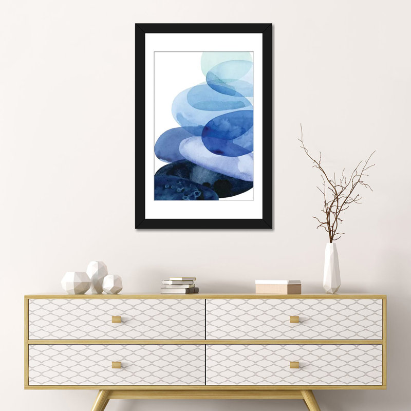 " River Worn Pebbles I " by Grace Popp, Black Framed Fine Art Paper, 32" H x 24" W x 1" D, White